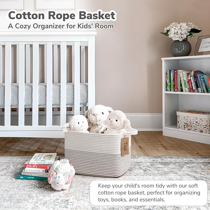 Goodpick Small Cotton Rope Baby Laundry Basket, Mix White | 13 x 10 x 9 in, Reinforced Handles, Rectangle Stylish Gift, Nursery & Bedroom Organization, Toys & Baby Essentials Storage