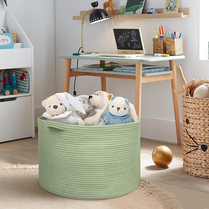 Extra Large Green Basket, 22" X 22" X 14" Woven Cotton Rope Baskets for Blankets, Nursery Laundry Basket, Cute Kids Toy Storage Bin, Green Living Room Bedroom Decor Baskets for Organizing