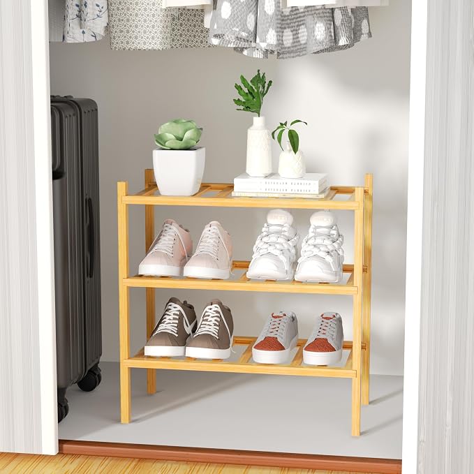 ROMGUAR CRAFT 3-Tier Bamboo Small Shoe Rack, Free Standing Wood Shoe Shelf Storage Organizer for Closet Entryway Stackable (Natural)