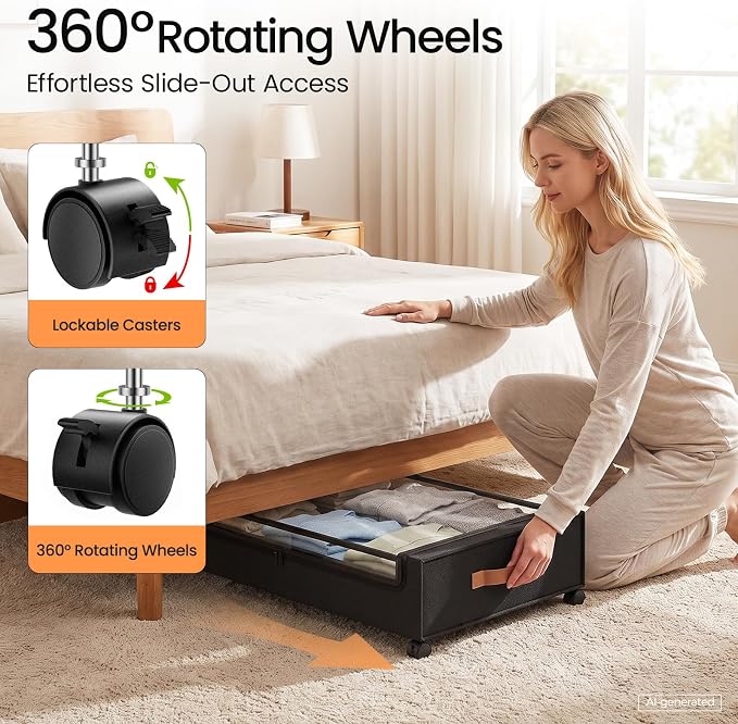 Yecaye 60 L Under Bed Storage with Wheels, 2 Pack Under Bed Storage Containers with Clear Window & Label, Rolling Under bed Shoe Storage organizer for Clothes, Shoes, Black