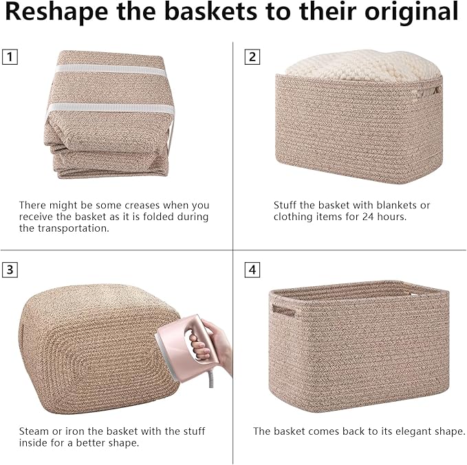 OIAHOMY 4 Pack Storage Baskets for Organizing, Cube Storage Bins for Shelves, Rectangle Storage Baskets With Handles, Woven Baskets for Storage, 12.7''Lx9''Wx7.8''H, Mixed Brown