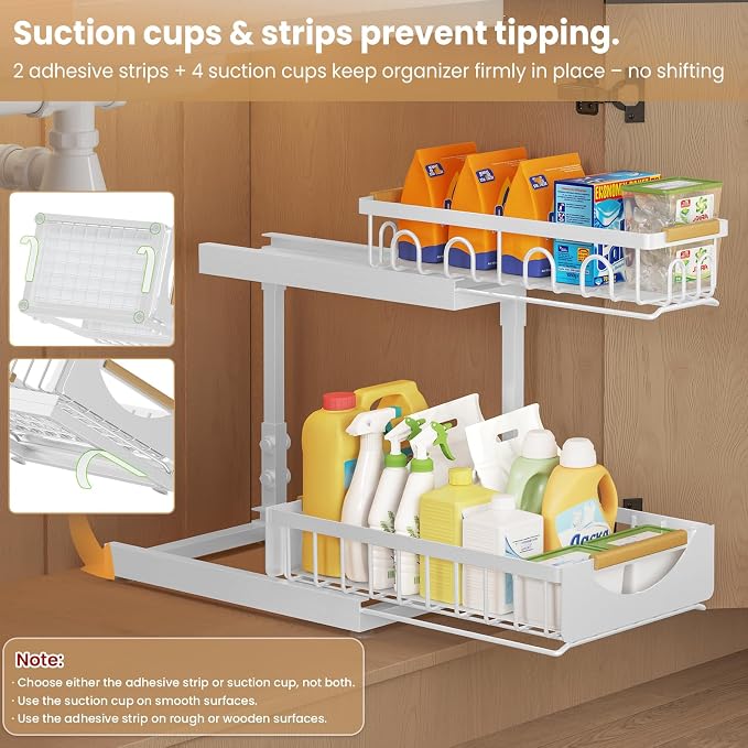 Under Sink Organizer and Storage 2 Tier Cabinet Pull Out Shelf Organizers | 2 Pack 2 Tier under sink storage for Bathroom and Kitchen Slide Out Drawer Organization for Home Cabinets Shelves and Drawers
