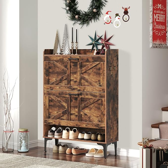 MAHANCRIS Shoe Storage Cabinet, Shoe Organizer with 2 Flip Drawers, Hidden Shoe Storage for Entryway, Freestanding Organizer with Open Storages, Rustic Brown SHHR9401N1