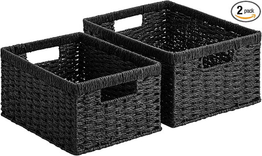StorageWorks Wicker Storage Baskets for Organizing, Wicker Basket with Handles, Decorative Storage Baskets for Shelves, Black Paper Rope, 2 Pack