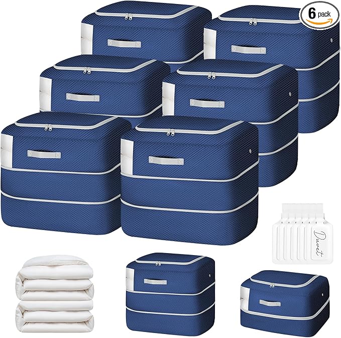 Comforter Storage Bag - 110L Large Capacity Blanket Storage Bags Ultra Space Saving Self Compression Organizer, Washable Compression Bags for Storage Comforter Blanket, 6-Pack, Navy Blue