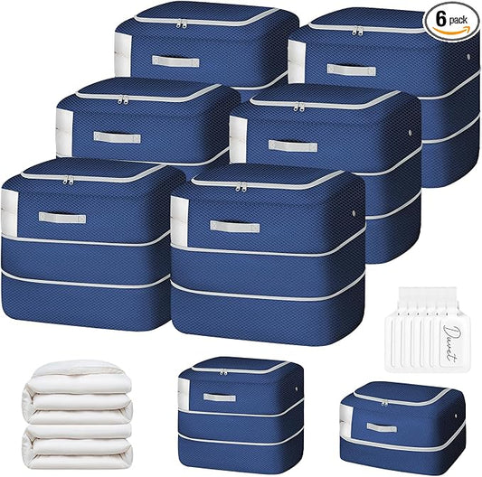 Comforter Storage Bag - 110L Large Capacity Blanket Storage Bags Ultra Space Saving Self Compression Organizer, Washable Compression Bags for Storage Comforter Blanket, 6-Pack, Navy Blue