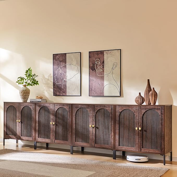 IFGET 123.5" W Modern Arched Sideboard Buffet Cabinet with Storage, Brown | Fluted Arch Sideboard Cabinet w/Adjustable Shelves, Wooden Modular Kitchen Cabinet for Dining& Living Room, Entryway