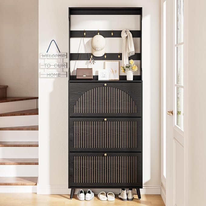 Fsbecl Shoe Storage Cabinet with 3 Fluted Flip Drawers & Coat Rack, Black | Slim Freestanding Shoe Organizer with Hidden Storage, Adjust Shelves, Wooden 2-in-1 Hall Tree for Entryway Foyer, 18-24 Pairs