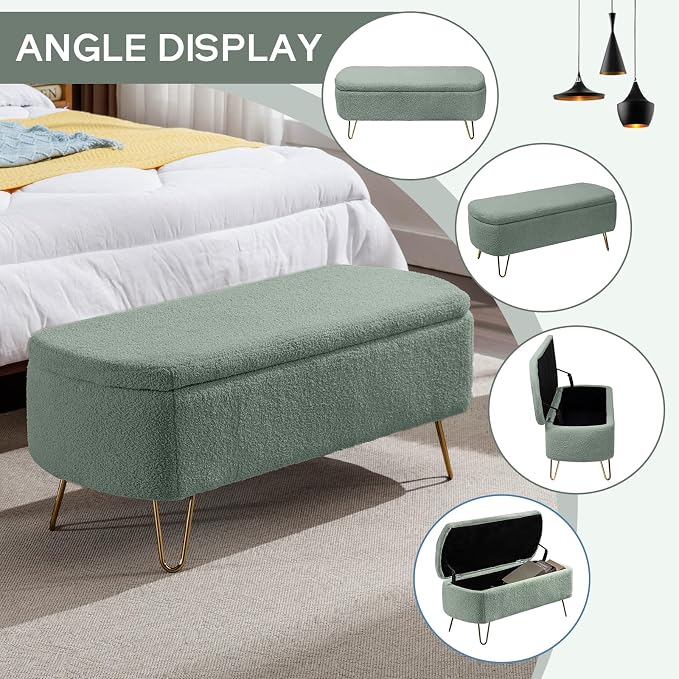Modern Storage Ottoman Bench, Teddy Upholstered Entryway Bench with Gold Legs, Vintage End of Bed Bench with Safety Hinge, Padded Bench with Storage for Living Room, Bedroom, Entryway (Green)