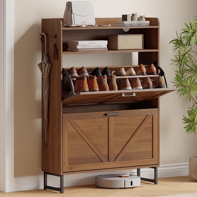 Shoe Cabinet with 2 Flip Drawers, Freestanding Hidden Shoe Storage Organizer for Entryway, Narrow Slim Shoe Rack Cabinet with Open Storage & Hooks for Front Door Entrance, Living Room, Hallway, Walnut
