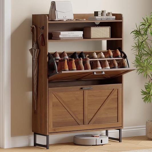Shoe Cabinet with 2 Flip Drawers, Freestanding Hidden Shoe Storage Organizer for Entryway, Narrow Slim Shoe Rack Cabinet with Open Storage & Hooks for Front Door Entrance, Living Room, Hallway, Walnut