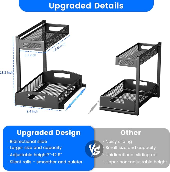Petiza Under Sink Organizer,2 Pack Height Adjustable Under Sink Organizers and Storage, 2 Tier Under Sink Storage for Kitchen Bathroom Cabinet
