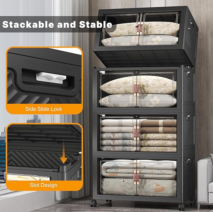 UAMFURI Stackable Storage Bins, 700QT Collapsible Drawers with 1 Lid | Large Capacity, Magnetic Door, Stack Lock, Rolling Wheels, Foldable Design, Organizers and Storage for Bedroom Dorm Garage