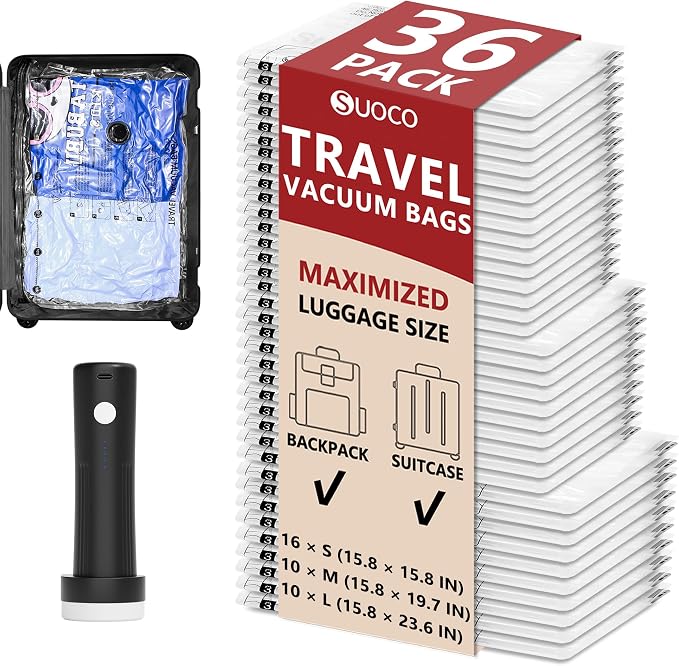 Travel Vacuum Bags for Clothing with Rechargeable Pump 36 Combo, Clear | Compression Packing Cubes Organizer Storage for Luggage Suitcase, Space Saver Seal Bags for Vacation Cruise