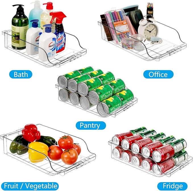 2 Packs Refrigerator Organizers and Storage Width Adjustable Can Organizer for Refrigerator Expandable Soda Can Dispenser for Beer Soda Pop Can Soda Organizer for Fridge Kitchen Pantry Clear