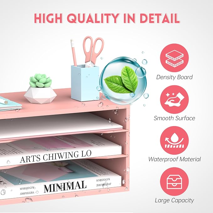 3 Tier Wood Desk Organizer, Mail Sorter and Paper Organizer for Desk, Pink | Wooden Desktop Organizer for Sorting Papers, Letters and Mails, Literature Organizer for Home Office, Classroom Organization