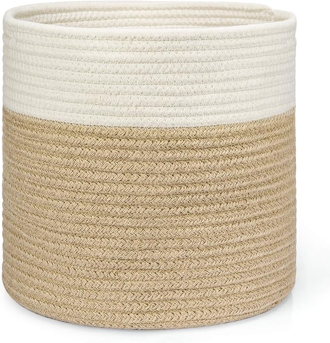 Dahey Plant Basket Indoor for 10 inch Pot Woven Jute Planter, White & Beige | Fits 8"-10" Planters, Reinforced Structure, Foldable Laundry Bin with Handles, Jute Cotton Rope, Decorative Flower Pot Cover