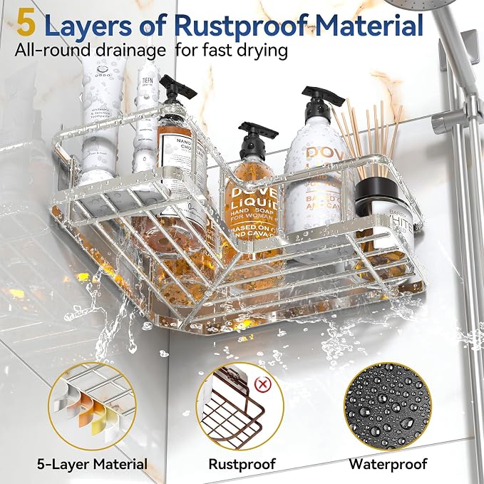 YASONIC Corner Shower Caddy Organizer, Self-Adhesive Rustproof Bath Shelves with Soap Holder & 4 Hooks, Large Capacity Shower Storage Rack for Bathroom Organization, (3Pack, Silver)