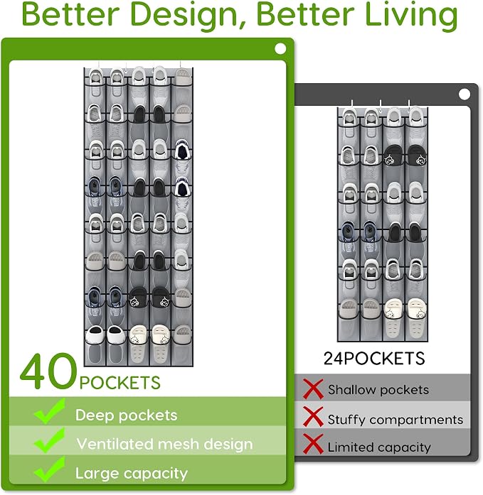 Over the Door Shoe Organizer with 40 Large Breathable Mesh Pockets, Space Saving Shoe Holder, Hanging Shoe Rack for Entryway Bedroom Closet Storage (Grey, 40 Pockets)