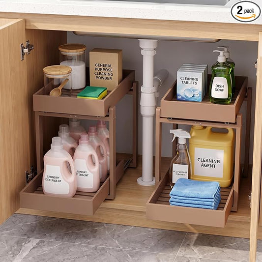 MHXW SXPN Bamboo Under Sink Organizer, 2 Pack Pull Out Cabinet Organizer | 2 Tier Vertical Smooth Slide Out Undersink Storage Shelf | Multi-Purpose Organizer Shelves for Kitchen Bathroom Medicine