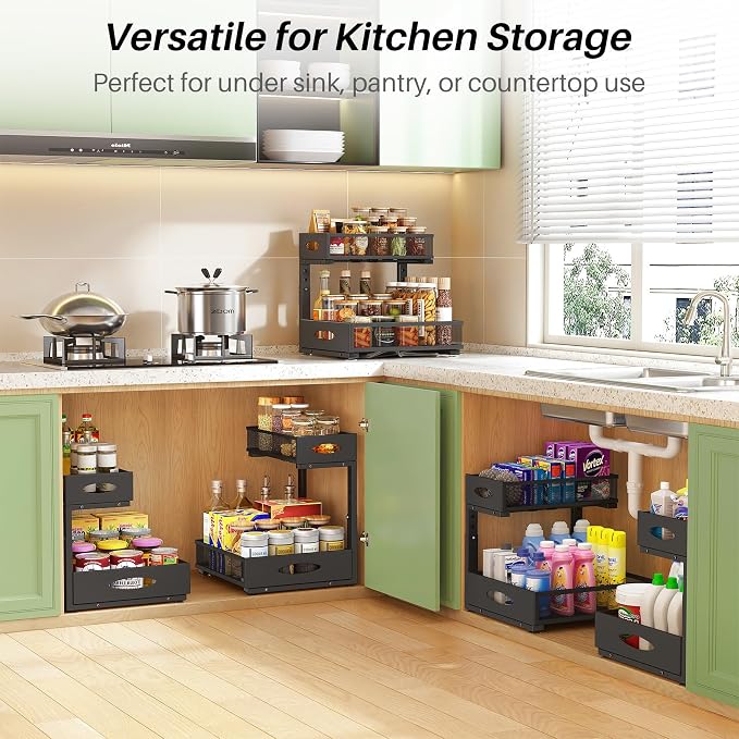 Under Sink Organizer, 2-Pack Pull Out Cabinet Organizer 2 Tier Metal Slide Out Storage Shelf Rack, L-Shaped Adjustable Height,Mesh Sliding Drawer for Kitchen, Bathroom, Laundry, Pantry, Black, XL