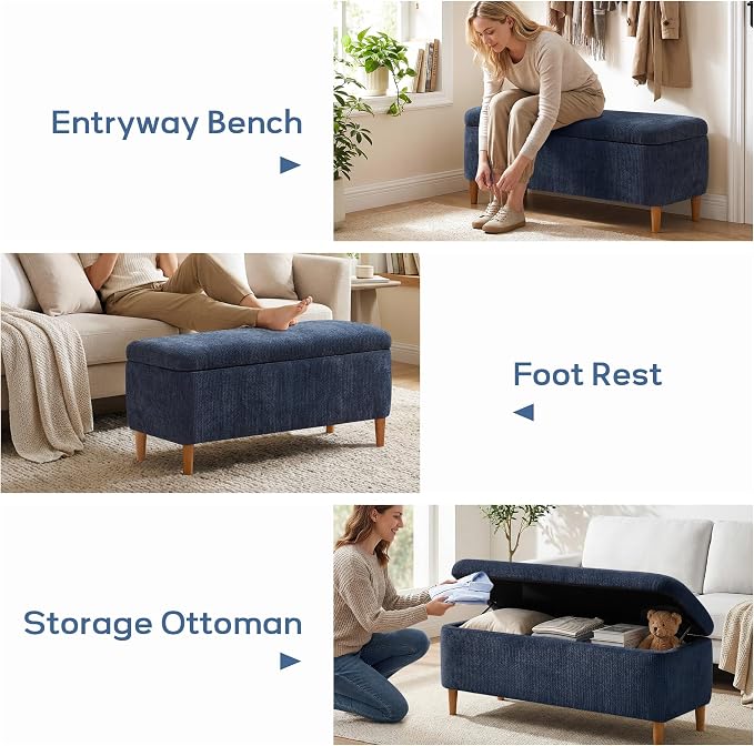 39.4" Ottoman with Storage Upholstered Storage Bench for Living Room | Modern Fabric End of Bed Bench Footstool with Wooden Legs Ottoman Bench for Window Hallway Entryway Bedroom Blue