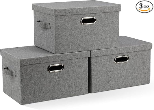Graciadeco Medium 15" 21 Quart Collapsible Stackable Storage Bins with Lids, 3 Packs Grey Foldable Fabric Closet Boxes Heavy-duty Linen Cube Baskets Container for Bedroom Office (15 x 11 x 8) | 21 Quart 3 Pack Gray1 Collapsible Stackable Linen Fabric 4...