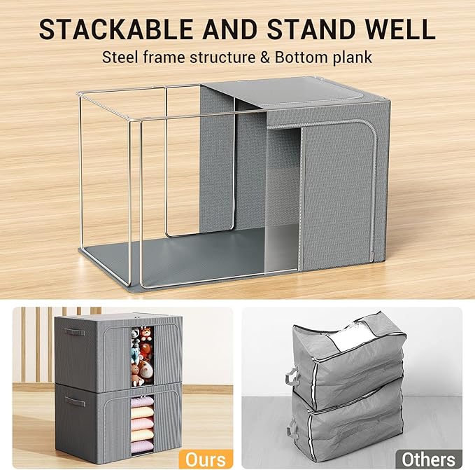 Clothes Storage Bins with Metal Frame, Foldable Clothes Organizers Storage Containers for Clothes, Sheets, Blankets, Pillows and Towels (100L, 3 Pack, Deep Grey)