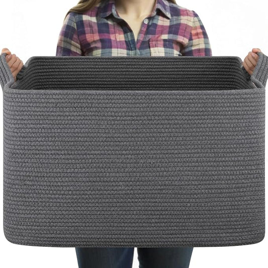 OIASKET 95L Large Blanket Basket, Blanket Storage Living Room, Rectangle Woven Baskets for Storage Toys, Towels, Dirty Clothes Organizer Bins (Dark Grey)