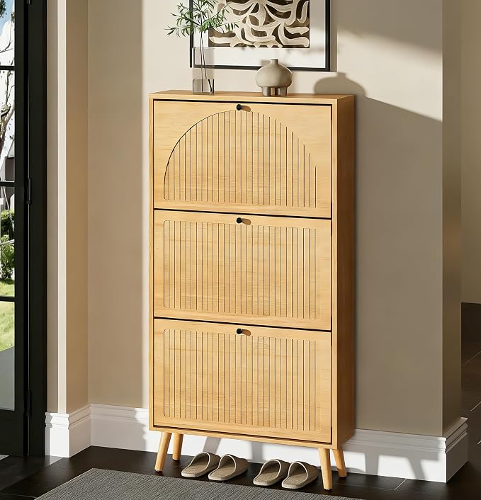 Fsbecl Shoe Storage Cabinet for Entryway with 3 Flip Drawers, Oak | Narrow Single Layer Design, 23.6'' Freestanding Shoe Rack, Wooden Hidden Organizer for Hallway Foyer, 6-9 Pairs