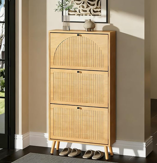 Fsbecl Shoe Storage Cabinet for Entryway with 3 Flip Drawers, Oak | Narrow Single Layer Design, 23.6'' Freestanding Shoe Rack, Wooden Hidden Organizer for Hallway Foyer, 6-9 Pairs