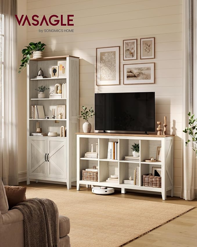 VASAGLE Liry Collection Farmhouse Bookcase, 8-Cube Storage Organizer with Legs, Adjustable Shelves, 50.2 x 11.6 x 29.8 inch, for Home Office, Living Room, Cloud White and Warm Brown ULBC138W101S