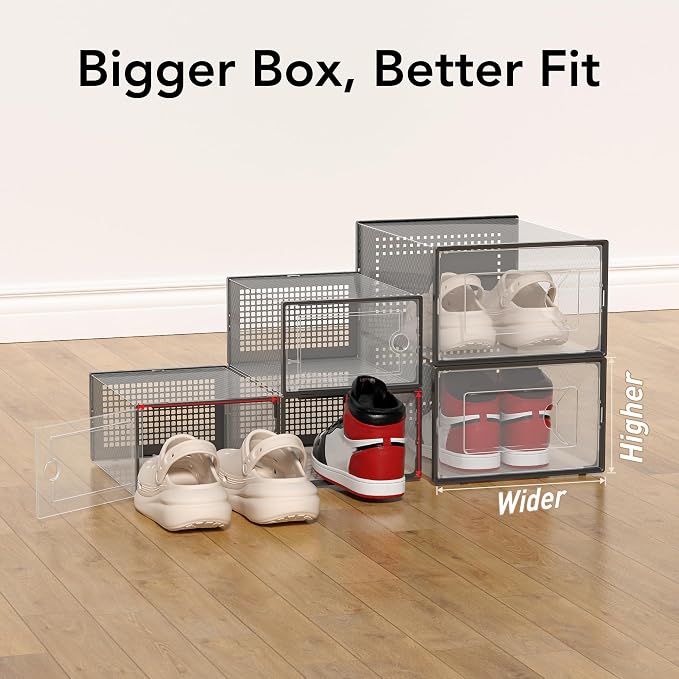 Foluck X-Large 15 Pack Shoe Storage Organizer Box Clear Plastic Stackable | Interlocking Design, Sturdy Dustproof Breathable, Fits Men's Size 10 Women's Size 11, for Closet Entryway Under Bed