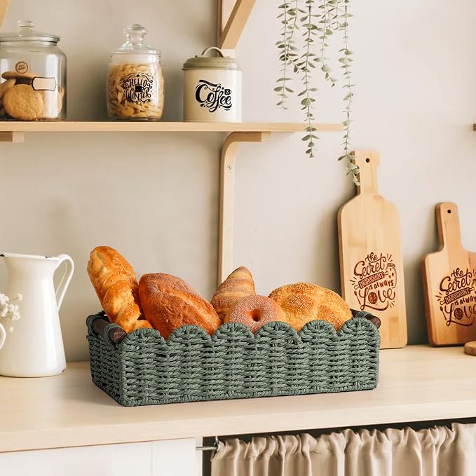 Bathroom Decor Basket for Toilet Paper Storage Baskets For Organizing | For Bedroom Living Room Kitchen Home Decor Scalloped Cute Basekt With Handle for Apartment Countertop,Green