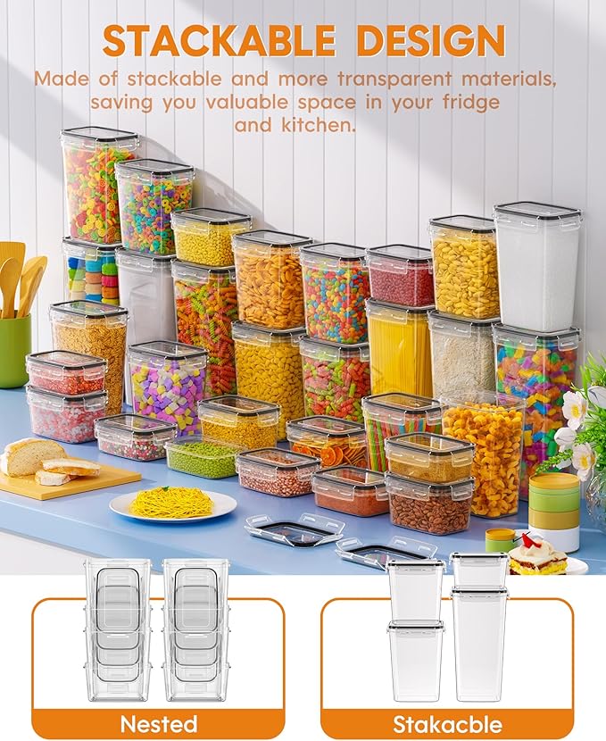 KEMETHY 30 PCS Airtight Food Storage Containers with Lids, Kitchen Pantry Organization and Storage, BPA-Free Plastic Scale Food Canisters for Cereal, Flour, Sugar, Dry Food, Include Labels & Marker