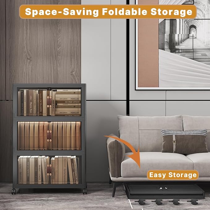 Stackable Storage Bins with Lids, 156QT Closet Organizers and Storage Cabinet with Doors & Wheels, Lockable Plastic Foldable Drawers for Bedroom Dorm Office Garage（52QT*3,Black）