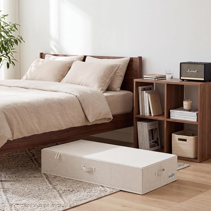 StorageWorks Underbed Storage Containers with Lids, 2-Pack 6.75" Low Profile Under Bed Organizers for Clothes, Bedding and Sweaters, 73L Large Fabric Storage Bins, Foldable Space Saving, Light Beige