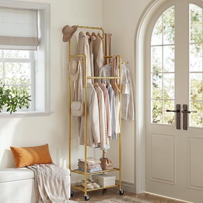 Small Gold Clothing Rack with Wheels, Narrow Clothes Rack with 2 Shelves | Gasvadivum 71" Tall Sturdy Metal Rolling Garment Rack with 4 Hanging Rods & 4 Hooks, Portable Coat Rack for Bedroom, Bathroom