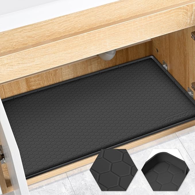 Silicone Under Sink Mat, 28"x22", Waterproof Cabinet Liner, Black | Shelf Liner, Cabinet Protector, Home Organizer, for Kitchen, Bathroom, Multipurpose, Leak Proof, Easy Clean, Drip Tray, Clean