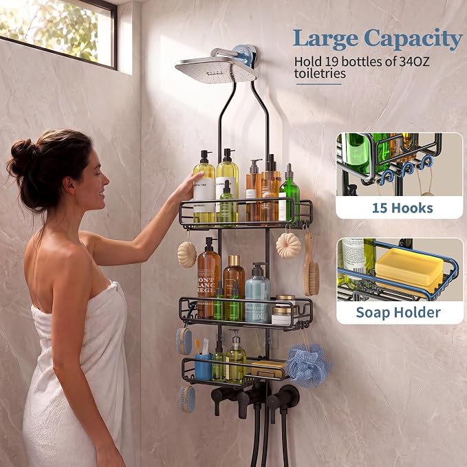 Skyapex Shower Caddy Hanging Bathroom Organizer: Over Head Adjustable Rack for Tall Showerhead - Extra Large Storage Shelf for Big Shampoo Bottles with Soap Holder
