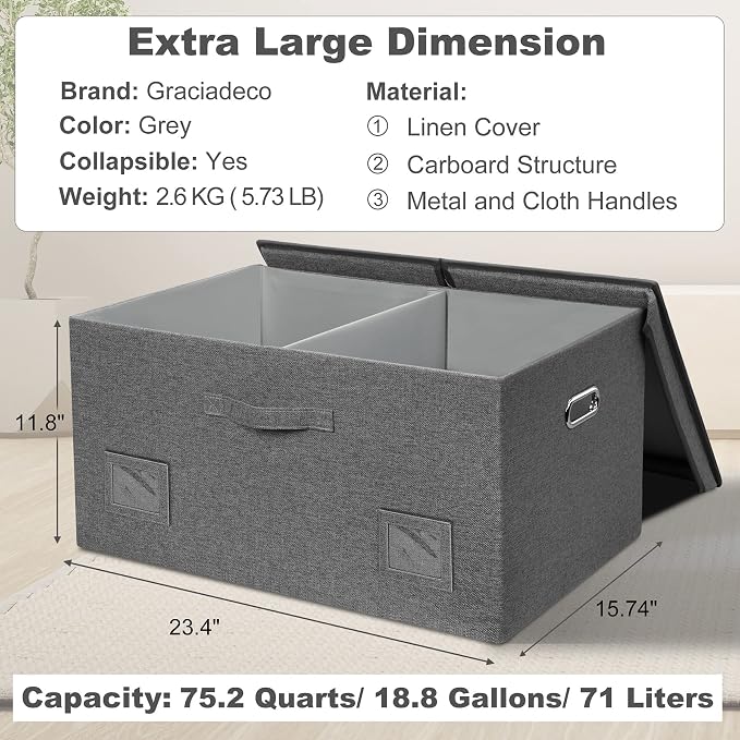 Graciadeco 75 Quarts Extra Large Decorative Storage Bins with Lids, 3 Packs Gray Collapsible Storage Bins with Lids, Stackable Storage Bins Decorative Box Storage With Lid Extra Large | 75 Quarts 3 Pack Gray1 Collapsible Stackable Linen Fabric 4 Handle...
