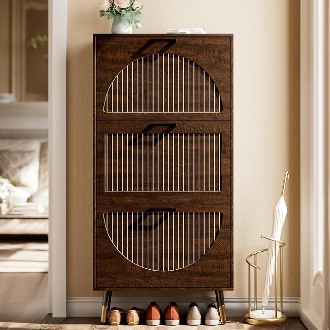Farmhouse Shoe Cabinet Storage for Entryway, Slim Shoe Rack Cabinet with 3 Flip Drawers, Narrow Shoe Organizer Cabinet with Stylish Round Panel, Metal Leg and Handle