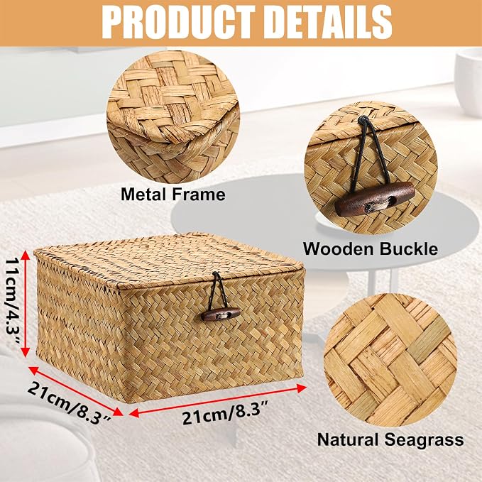 Hipiwe Handwoven Wicker Shelf Basket Bin with Lid Decorative Baskets Box | Multipurpose Seagrass Baskets Organizer, Square Household Storage Basket for Shelf Living Room Bathroom, Small Caramel