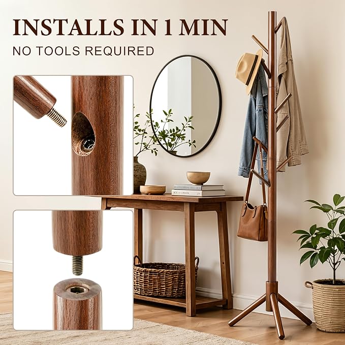 Wooden Coat Rack Freestanding with 8 Hooks & 3 Adjustable Sizes for Clothes, Space-Saving Design for Bedroom Office Entrance Holds Hats Coats Scarves Bags