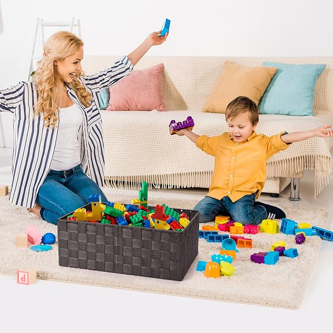 Storage Baskets with Lids: 6 Pack Stackable Woven Storage Bins, Brown | Decorative Woven Baskets for Organizing with Built-In Handles for Shelves, Closets, Cabinets and Cubbies, Gift Small Basket