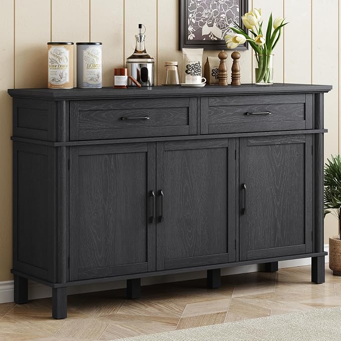 55 Inch Buffet Cabinet with Storage, Farmhouse Sideboard Buffet w/2 Drawers and 3 Doors, Wood Coffee Bar Cabinet with Adjustable Shelves, Sideboard Storage for Kitchen, Living Room, Black