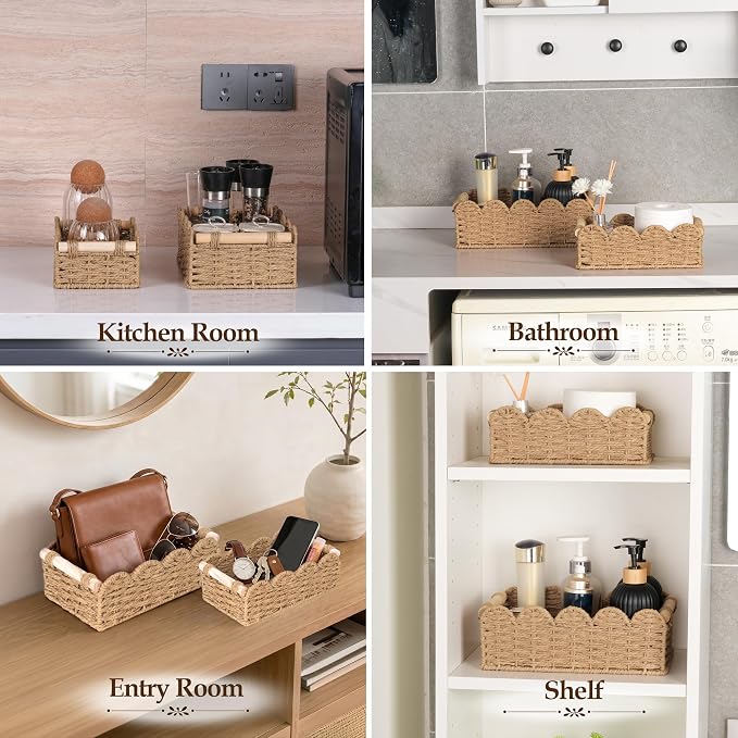 iEGrow Paper Rope Small Storage Baskets for Organizing, Set of 2 Scalloped Edge Wicker Basket with Wooden Handles Toilet Paper Basket for Over Toilet Storage Shelf, Home Decor, Living Room (Neutral)