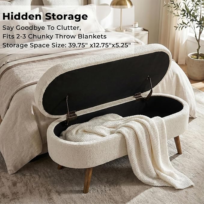 43.5” Storage Ottoman Bench，Upholstered Oval End of Bed Bench for Bedroom | Modern Linen Ottoman with Storage, Entryway Foot Rest with Wooden Legs, Lift-Top Lid with Safety Hinge, Living Room, Beige