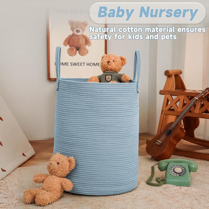 JMvicyroam 80L Cotton Rope Laundry Basket Hamper, Blue | Collapsible laundry basket, reinforced handles, freestanding, machine washable, holds 3-5 thick blankets, clothes or toys