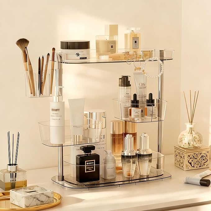 360°Rotating Makeup Organizer,Makeup Organizer Countertop with Brush Holder and Perfume Stand,Bathroom Counter Organizer,Skincare Holder Stand for Vanity,Detachable Hanging Hooks